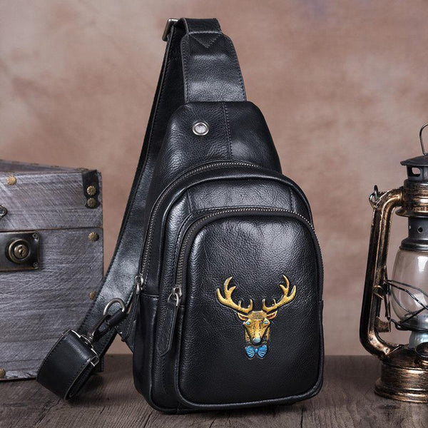 Vintage Black Womens Leather Sling Bag Chest Bags Purses One Shoulder Backpack for Ladies