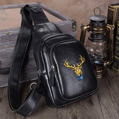 Vintage Black Womens Leather Sling Bag Chest Bags Purses One Shoulder Backpack for Ladies