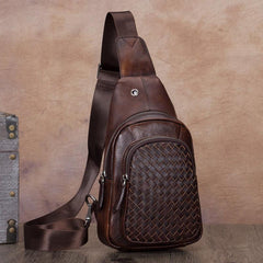 Brown Mens Braided Leather Sling Bag Chest Bags Purses One Shoulder Backpack for Men