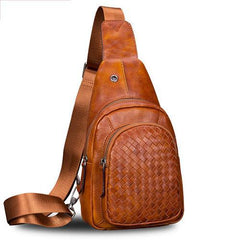 Brown Mens Braided Leather Sling Bag Chest Bags Purses One Shoulder Backpack for Men