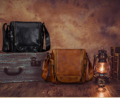 Brown Mens Vintage Vertical Small Messenger Bag Black Leather Side Bag Couier Bag for Men