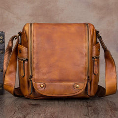 Black Mens Vintage Vertical Small Messenger Bag Brown Leather Side Bag Couier Bag for Men