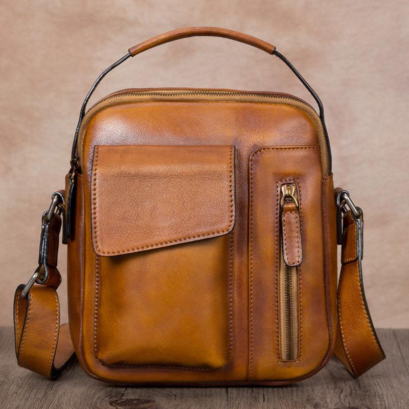 Brown Leather Mens Small Vertical Courier Bag Messenger Bag Postman Bag Vintage Leather Side Bag for Men