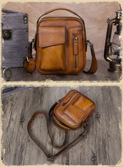 Brown Leather Mens Small Vertical Courier Bag Messenger Bag Postman Bag Vintage Leather Side Bag for Men