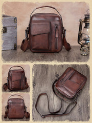 Brown Leather Mens Small Vertical Courier Bag Messenger Bag Postman Bag Vintage Leather Side Bag for Men