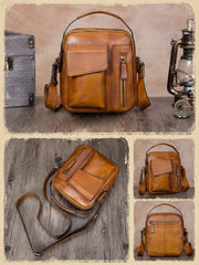 Brown Leather Mens Small Vertical Courier Bag Messenger Bag Postman Bag Vintage Leather Side Bag for Men