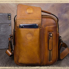 Brown Leather Mens Small Vertical Courier Bag Messenger Bag Postman Bag Vintage Leather Side Bag for Men
