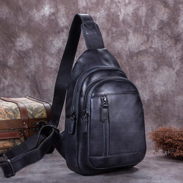 Vintage Gray Mens Leather Sling Bag Chest Bags Purses One Shoulder Backpack for Men