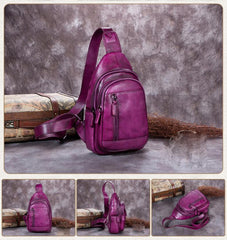 Purple Womens Leather Sling Bag Brown Chest Bags Purple One Shoulder Backpack for ladies