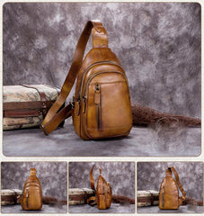Vintage Brown Mens Leather Sling Bag Chest Bags Purses One Shoulder Backpack for Men