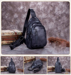 Vintage Gray Mens Leather Sling Bag Chest Bags Purses One Shoulder Backpack for Men