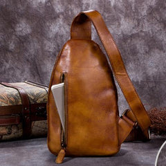 Vintage Gray Mens Leather Sling Bag Chest Bags Purses One Shoulder Backpack for Men