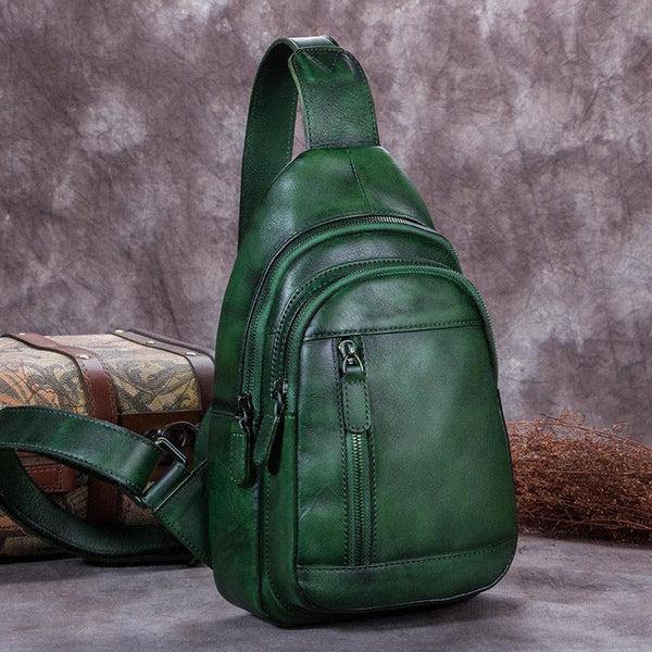 Vintage Green Womens Leather Sling Bag Chest Bags Purses One Shoulder Backpack for Ladies
