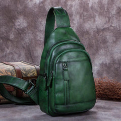 Vintage Green Womens Leather Sling Bag Chest Bags Purses One Shoulder Backpack for Ladies