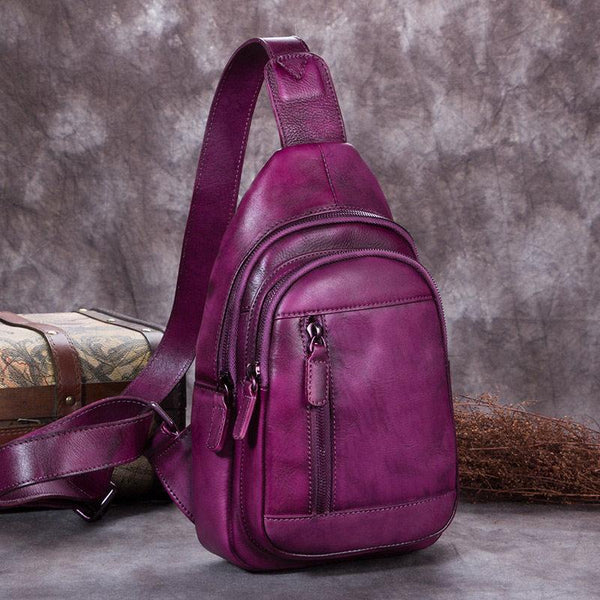 Purple Womens Leather Sling Bag Brown Chest Bags Purple One Shoulder Backpack for ladies