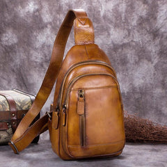 Vintage Gray Mens Leather Sling Bag Chest Bags Purses One Shoulder Backpack for Men