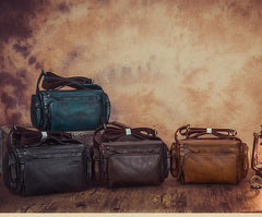 Brown VIntage Mens Leather Small Messenger Bag Tan SIde Bag Blue Courier Bag for Men
