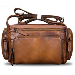 Blue VIntage Mens Leather Small Messenger Bag Tan SIde Bag Brown Courier Bag for Men