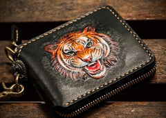 Handmade Leather Tiger Tooled Mens billfold Wallet Cool Clutch Wristlet Bag Chain Wallet Biker Wallet for Men