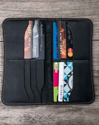Leather Long Wallets for men Black Bifold Men Long Wallet