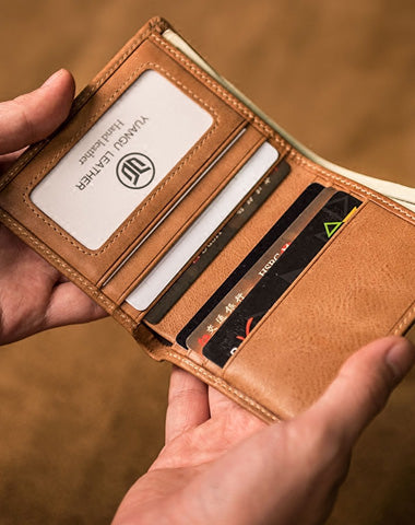 Brown Leather Men Slim Small Wallet Bifold billfold Vintage Wallet for Men