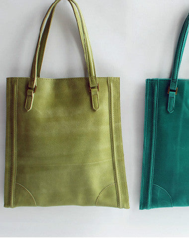 Handmade vintage modern green leather small tote shoulder bag handbag for women - EverHandmade