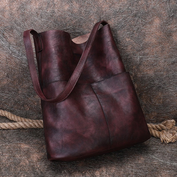 Womens Leather Tote Bags Vertical Womens Coffee - Stitching Detail