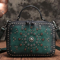 Vintage Womens Brown Leather Handbag Purse Cube Rivet Shoulder Handbag Crossbody Bags