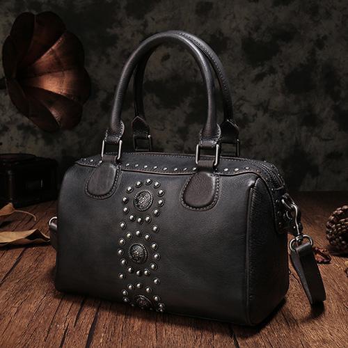 Vintage Red Ladies Leather Rivet Boston Handbag Purse Brown Shoulder Handbag for DD84481088