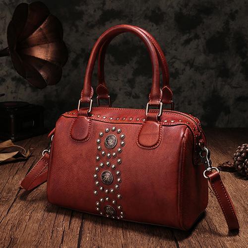 Brown Vintage Ladies Leather Rivet Boston Handbag Purse Red Shoulder Handbag for DD84481088
