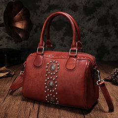 Red Vintage Ladies Leather Rivet Boston Handbag Purse Brown Shoulder Handbag for Women