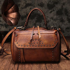 Red Vintage Leather Womens Boston Handbag Side Bag Brown Rivet Boston Shoulder Purse for Ladies