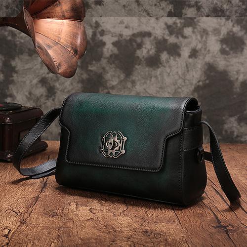 Vintage Womens Green Leather Saddle Shoulder Bag Small Satchel Bag Crossbody Bag for Ladies