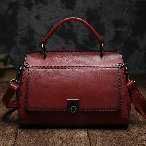 Red Vintage Womens Leather Satchel Handbags Brown Shoulder Bag Purses for Ladies
