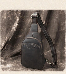 Black Leather Sling Backpack Mens Sling Pack - Chain Detail