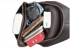Black Leather Sling Backpack Mens Sling Pack - Stitching Detail