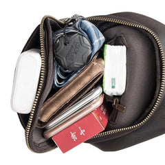 Black Leather Sling Backpack Mens Sling Pack - Closure Detail