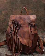 Vintage Brown Leather Rucksack WIth Tassels Womens Western Leather Backpack Ladies Backpack Purses