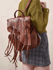 Vintage Coffee Leather Rucksack WIth Tassels Womens Western Leather Backpack Ladies Backpack Purses