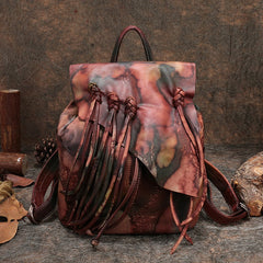 Vintage Red Leather Rucksack WIth Tassels Womens Western Leather Backpack Ladies Backpack Purses