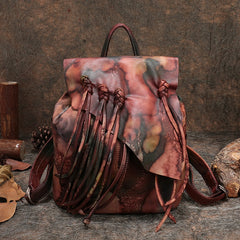 Vintage Brown Leather Rucksack WIth Tassels Womens Western Leather Backpack Ladies Backpack Purses