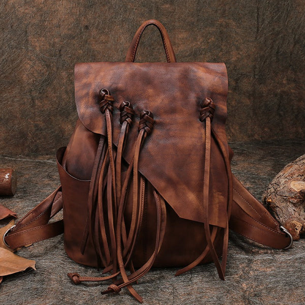 Vintage Coffee Leather Rucksack WIth Tassels Womens - Open View