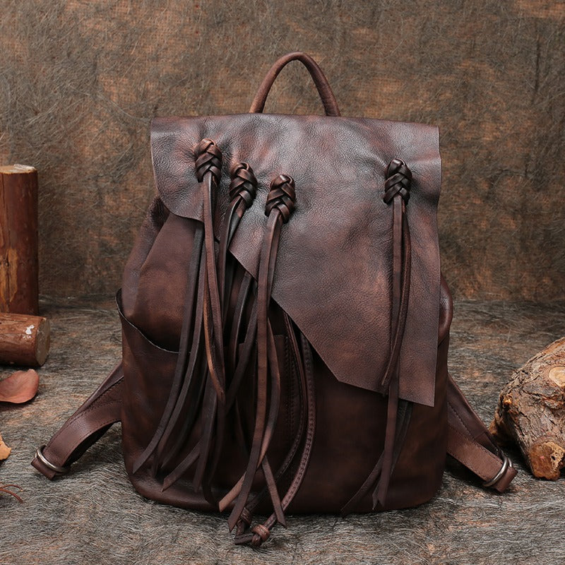 Vintage Coffee Leather Rucksack WIth Tassels Womens Western Leather Backpack Ladies Backpack Purses