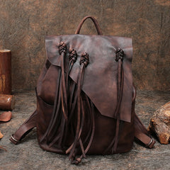 Vintage Brown Leather Rucksack WIth Tassels Womens Western Leather Backpack Ladies Backpack Purses