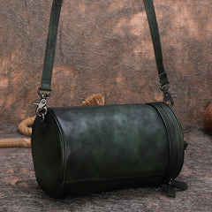 Vintage Black Gray Leather Womens Barrel Shoulder - Stitching Detail