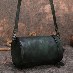 Vintage Brown Leather Womens Barrel Shoulder Bag - Stitching Detail