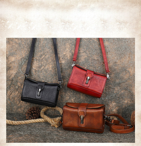 Vintage Brown Leather Womens Box Shoulder Bag - Card Slots Detail