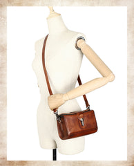 Vintage Brown Leather Womens Box Shoulder Bag - Stitching Detail