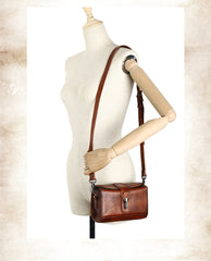 Vintage Brown Leather Womens Box Shoulder Bag School Crossbody Purse for Women