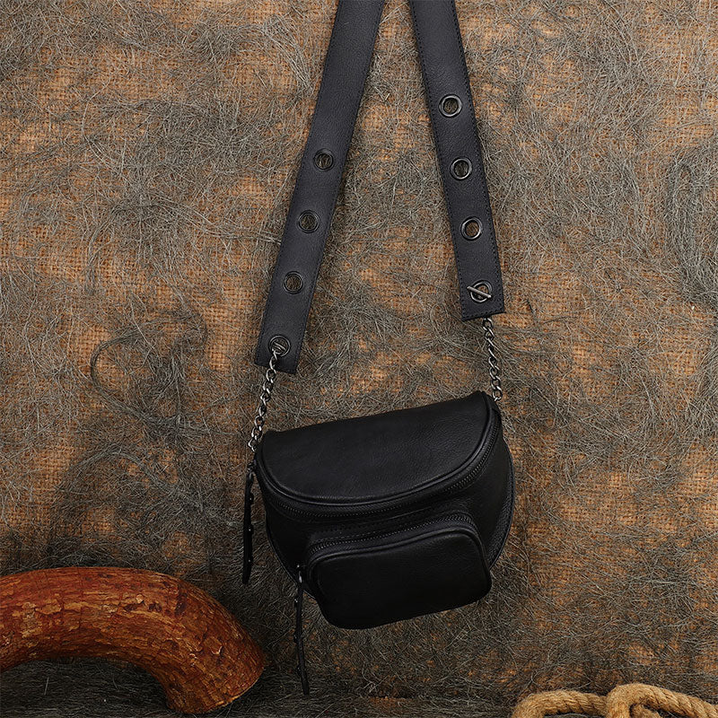 Vintage Black Gray Leather Womens Saddle Shoulder - Chain Detail
